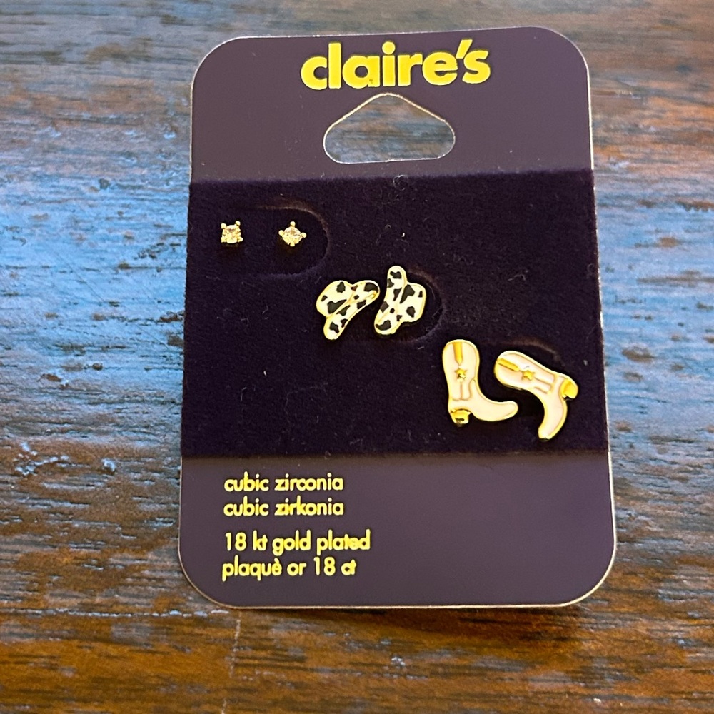 Claire's Gold Stud Earrings Set of 3 Western Motif 18 kt Gold Plated CZs Boots